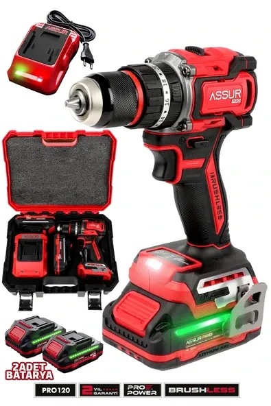 ASSUR 21V Pro Seri Kömürsüz Çift Akülü Metal Şanzıman Led Işıklı Taşıma Çantalı Şarjlı Darbeli Matkap